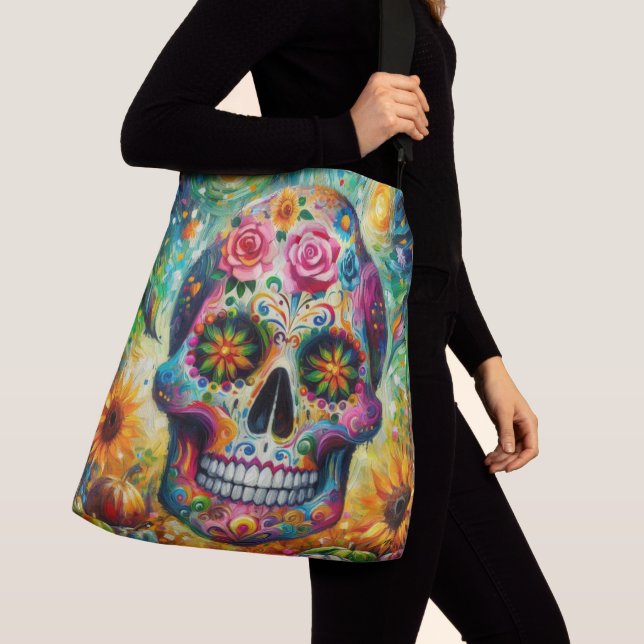 Sugar Skull Dia De Los Muertos Day of the Dead Crossbody Bag (Close Up)