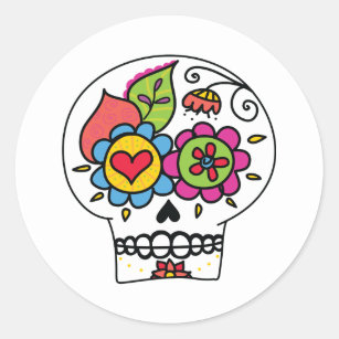 Sugar Skull, Dia de Los Muertos Stickers, white Classic Round Sticker