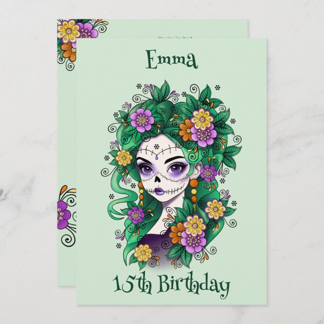 Sugar Skull Dia de Muertos Quinceañera Birthday  Invitation (Front/Back)