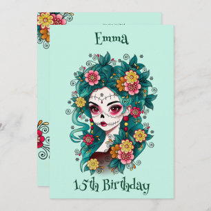 Sugar Skull Dia de Muertos Quinceañera Birthday Invitation