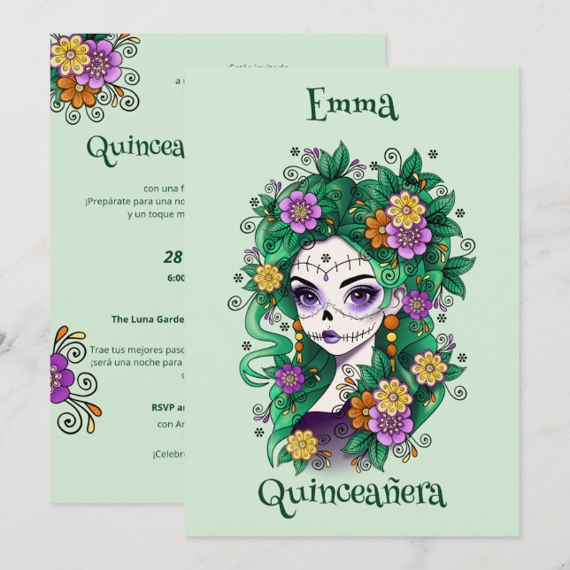 Sugar Skull Dia de Muertos Quinceañera Spanish  Invitation (Front/Back)