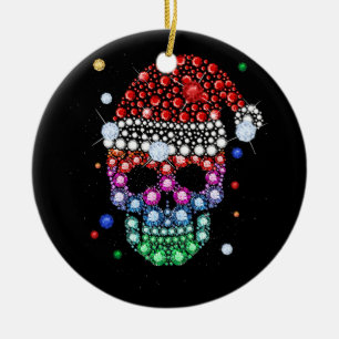 Sugar Skull Dimond with Santa Hat Merry Christmas  Ceramic Ornament