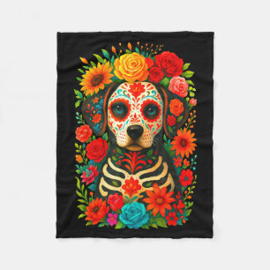 Sugar Skull Dog Dia De Muertos Halloween Day Of Fleece Blanket