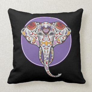 Sugar Skull Elephant in Purple Circle Cushion