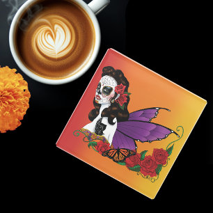 Sugar Skull Fairy Sunset Glass Coaster