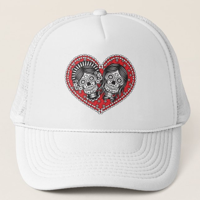 Sugar Skull Female Couple Trucker Hat (Front)