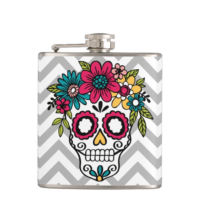 Sugar Skull Flask, Day of the Dead, Flowers Hip Flask (Front)