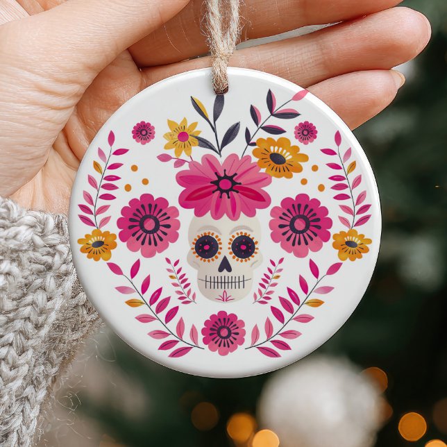 Sugar Skull Floral Cinco de Mayo Photo Ceramic Ornament (Creator Uploaded)