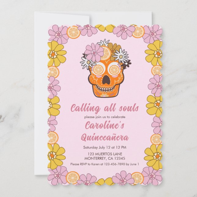 Sugar Skull Floral Quinceanera  Invitation (Front)