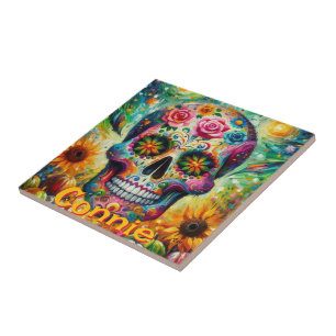 Sugar Skull Floral Roses Sunflower Personalised Ceramic Tile