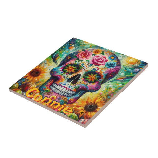 Sugar Skull Floral Roses Sunflower Personalised Ceramic Tile (Side)