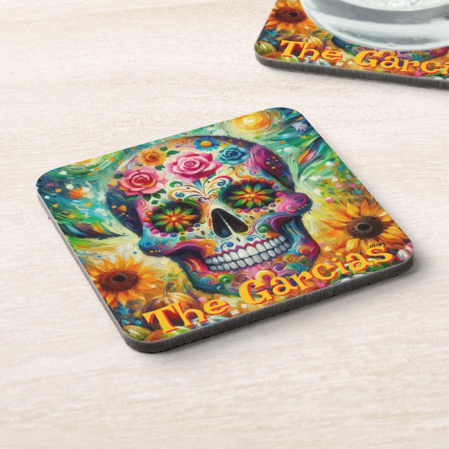 Sugar Skull Floral Roses Sunflower Personalised Coaster (Left Side)