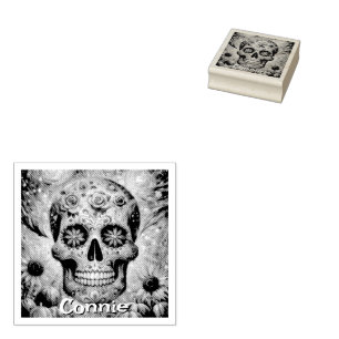 Sugar Skull Floral Roses Sunflower Personalised Rubber Stamp