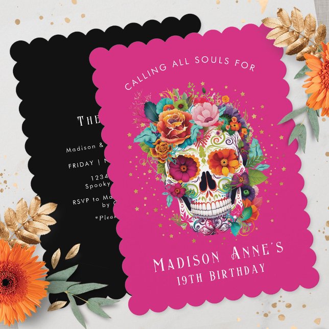 Sugar Skull Flowers Calling All Souls Birthday Invitation (Creator Uploaded)