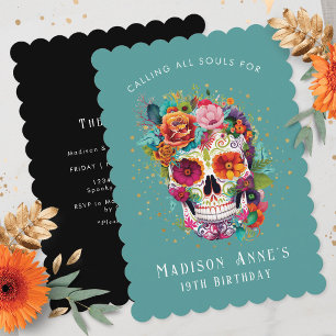 Sugar Skull Flowers Calling All Souls Birthday Invitation