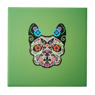 Sugar Skull Frenchie - Green Ceramic Tile
