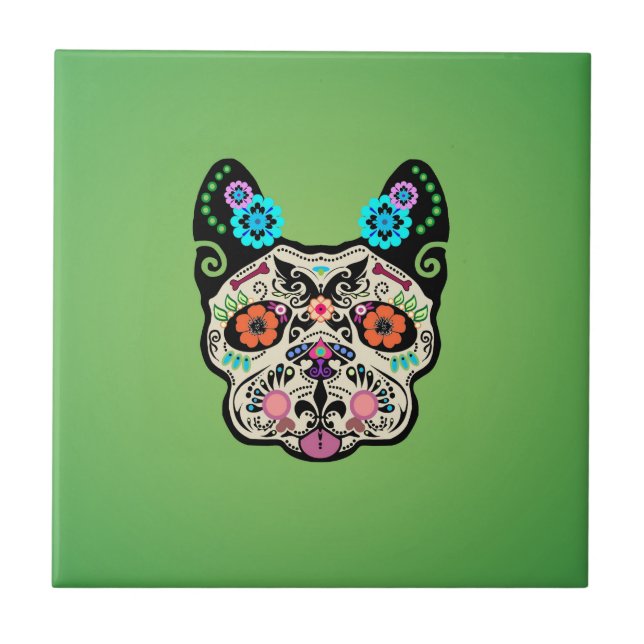 Sugar Skull Frenchie - Green Ceramic Tile (Front)