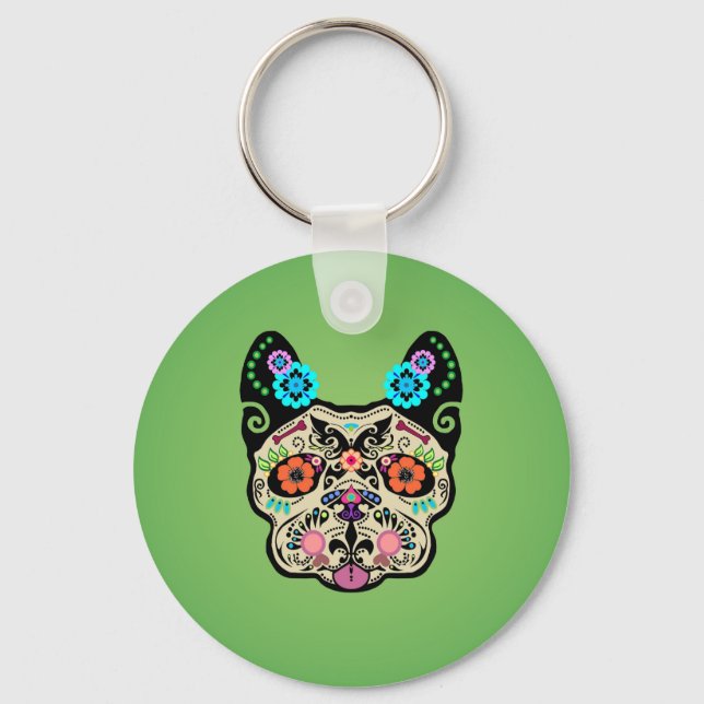 Sugar Skull Frenchie - Green Key Ring (Front)