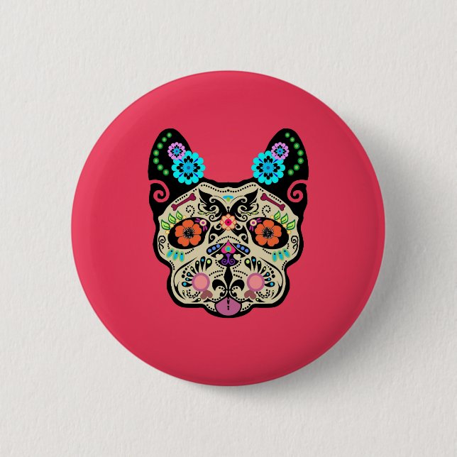Sugar Skull Frenchie - Pink 6 Cm Round Badge (Front)