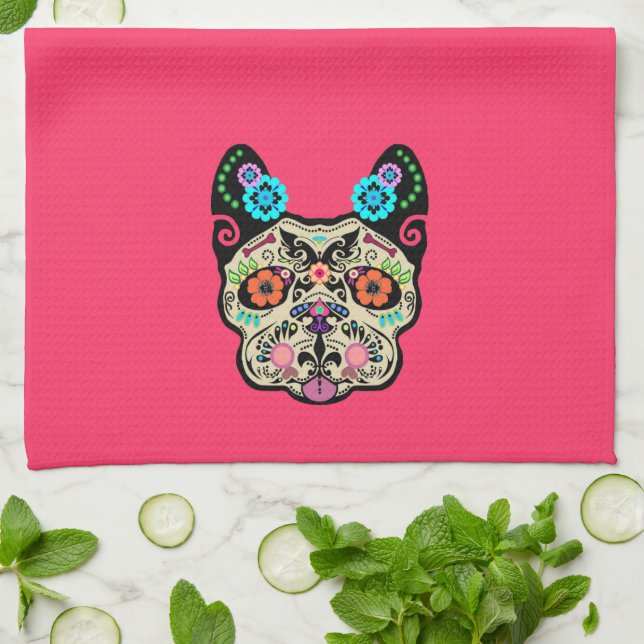 Sugar Skull Frenchie - Pink Tea Towel (Folded)