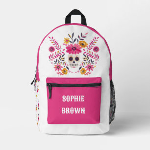 Sugar Skull Fuchsia Flowers Custom Name  Printed Backpack