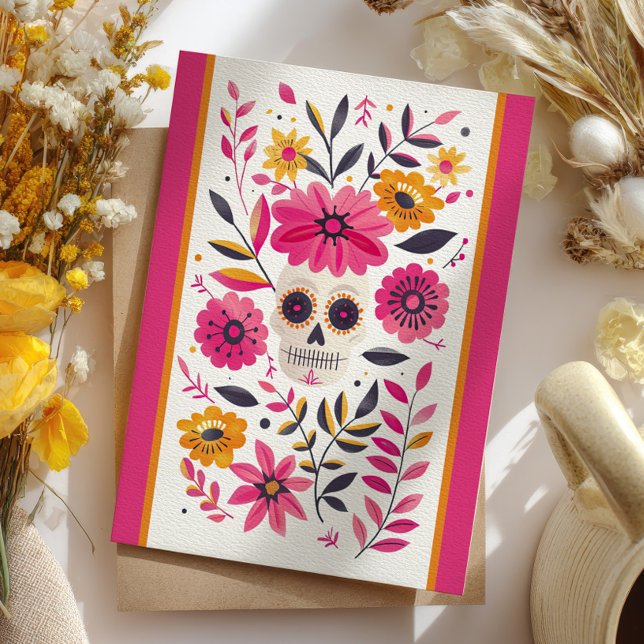 Sugar Skull Fuchsia Mexican Flowers Cinco de Mayo Postcard (Creator Uploaded)
