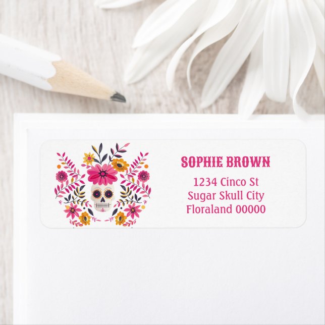 Sugar Skull Fuchsia Mexican Flowers Return Address Label (Insitu)