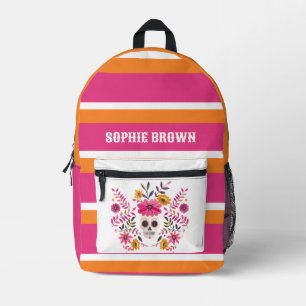 Sugar Skull Fuchsia Mexican Flowers with Name Printed Backpack