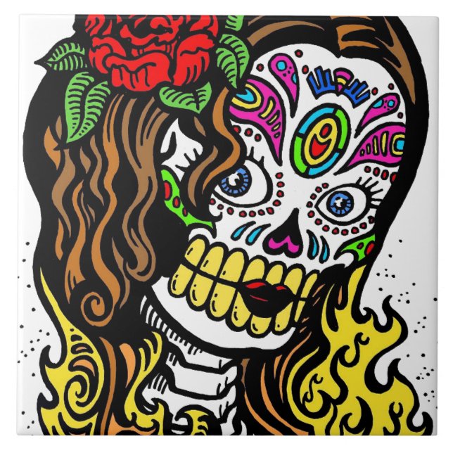 Sugar Skull Girl Ceramic Tile (Front)