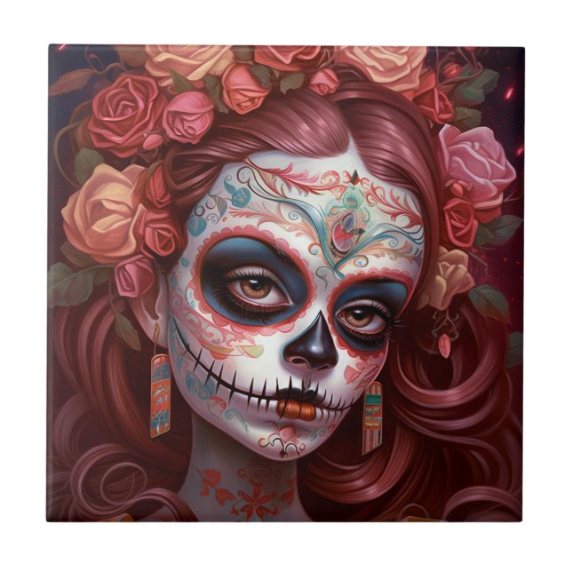 Sugar Skull Girl Day Of The Dead Ceramic Tile (Front)