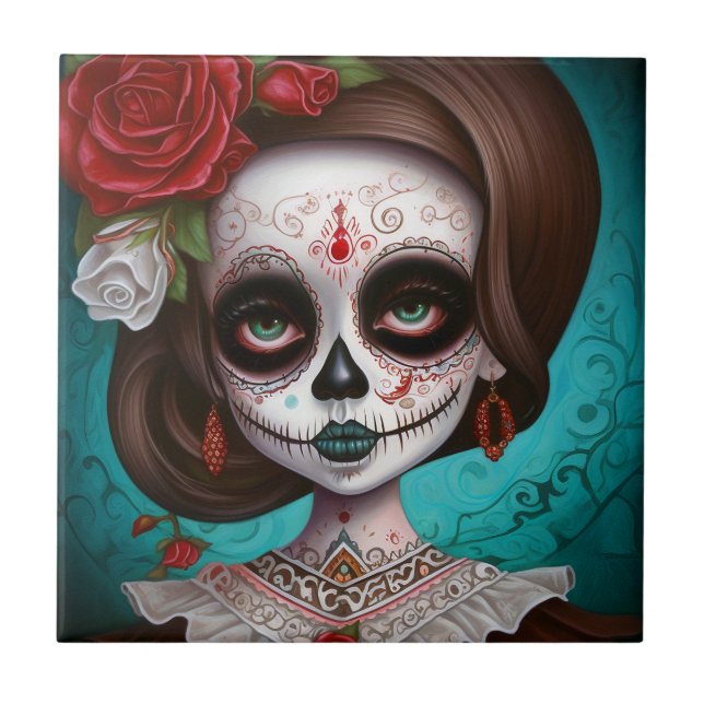 Sugar Skull Girl Day Of The Dead Ceramic Tile (Front)