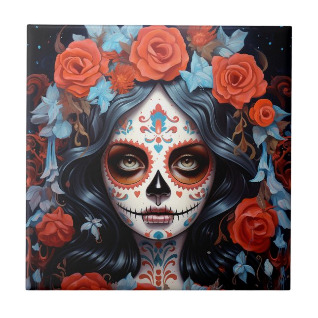 Sugar Skull Girl Day Of The Dead Ceramic Tile (Front)