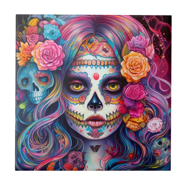 Sugar Skull Girl Day Of The Dead Ceramic Tile (Front)