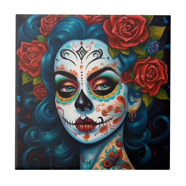 Sugar Skull Girl Day Of The Dead Ceramic Tile (Front)