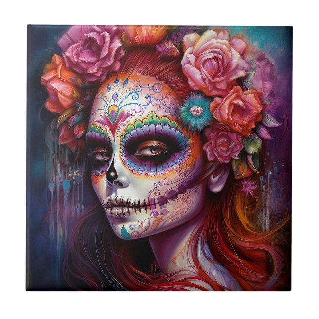 Sugar Skull Girl Day Of The Dead Ceramic Tile (Front)