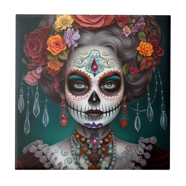 Sugar Skull Girl Day Of The Dead Ceramic Tile (Front)