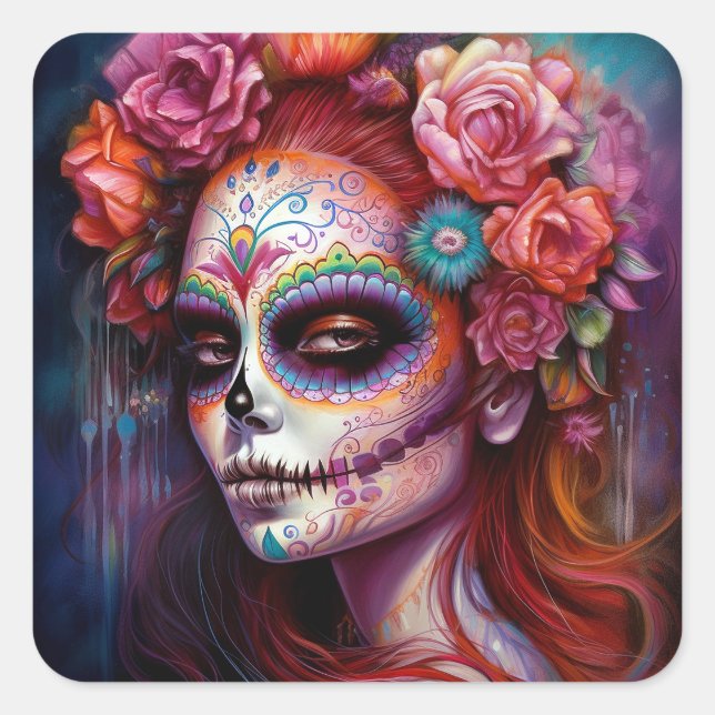 Sugar Skull Girl Day Of The Dead Square Sticker (Front)