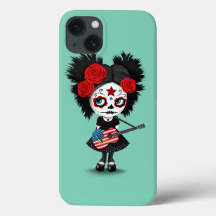 Sugar Skull Girl Playing American Flag Guitar iPhone 13 Case
