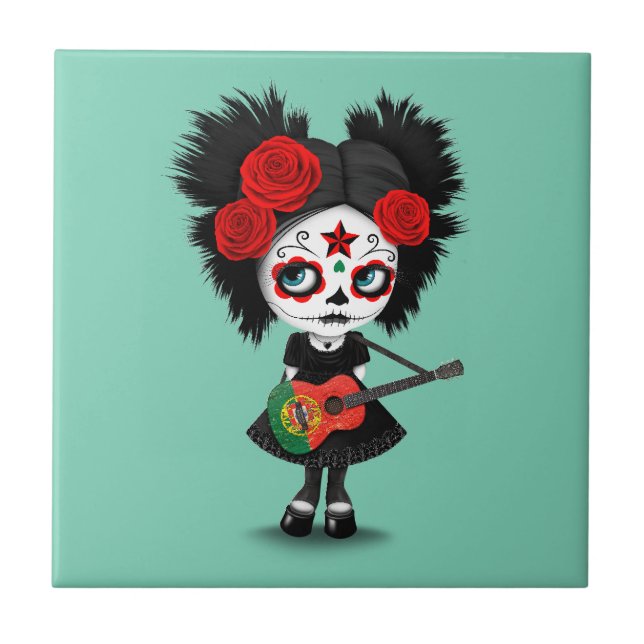 Sugar Skull Girl Playing Portuguese Flag Guitar Ceramic Tile (Front)