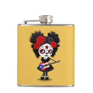 Sugar Skull Girl Playing Puerto Rican Flag Guitar Hip Flask