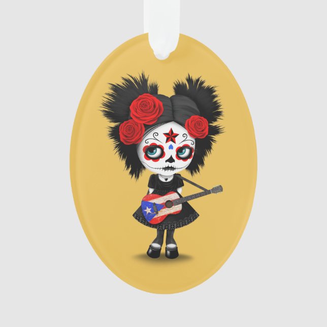Sugar Skull Girl Playing Puerto Rican Flag Guitar Ornament (Front)