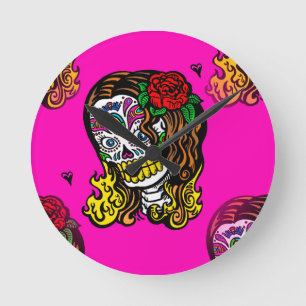sugar skull girl round clock
