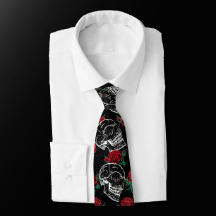 Sugar Skull Glam Modern Red Rose Gothic Grunge Tie