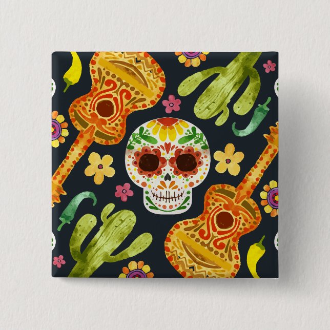 Sugar Skull & Guitars Dia de Muertos | Button (Front)