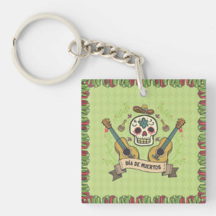 Sugar Skull & Guitars Dia de Muertos   Keychain