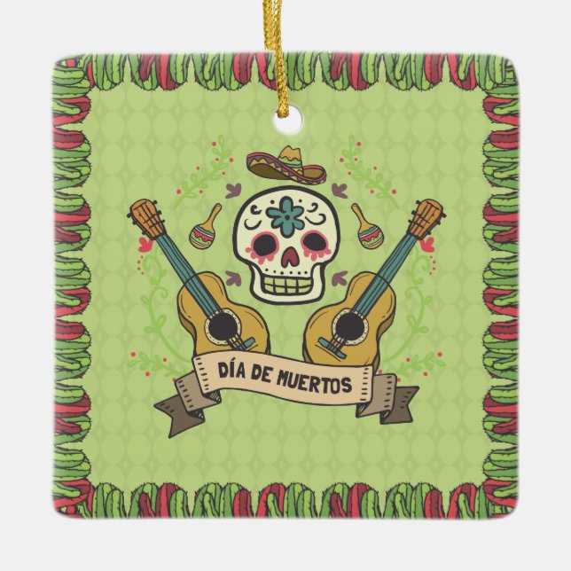 Sugar Skull & Guitars Dia de Muertos | Ornament (Front)