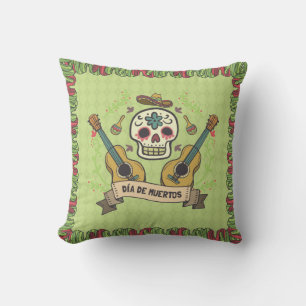 Sugar Skull & Guitars Dia de Muertos Throw Pillow