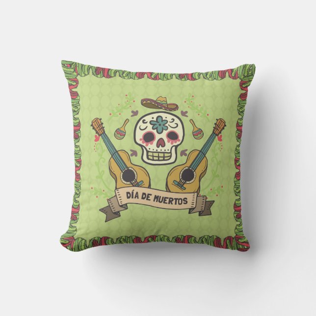 Sugar Skull & Guitars Dia de Muertos Throw Pillow (Front)