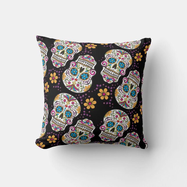 Sugar Skull Halloween Black Cushion (Front)