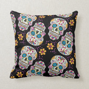 Sugar Skull Halloween Black Cushion